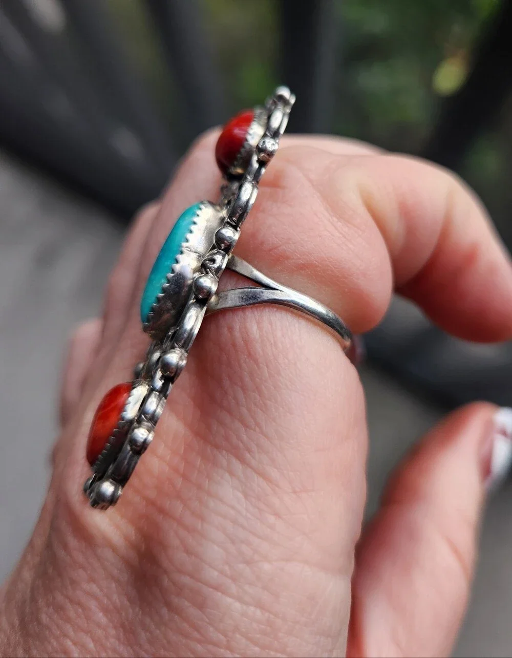 Handmade Sterling Silver 925 Navajo Native American Spiny Heart, Turquoise Ring